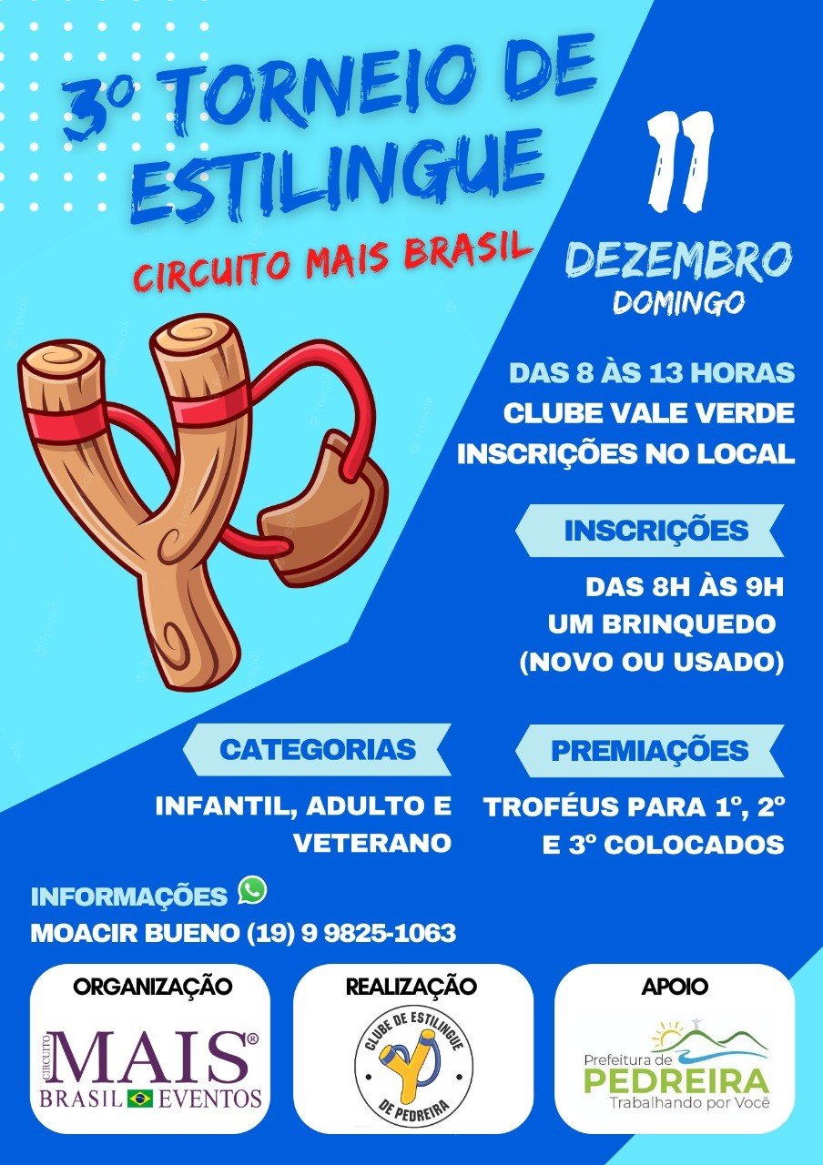 3º Torneio de Estilingue de Pedreira será disputado no domingo, 11 de dezembro, no Clube Recreativo Vale Verde