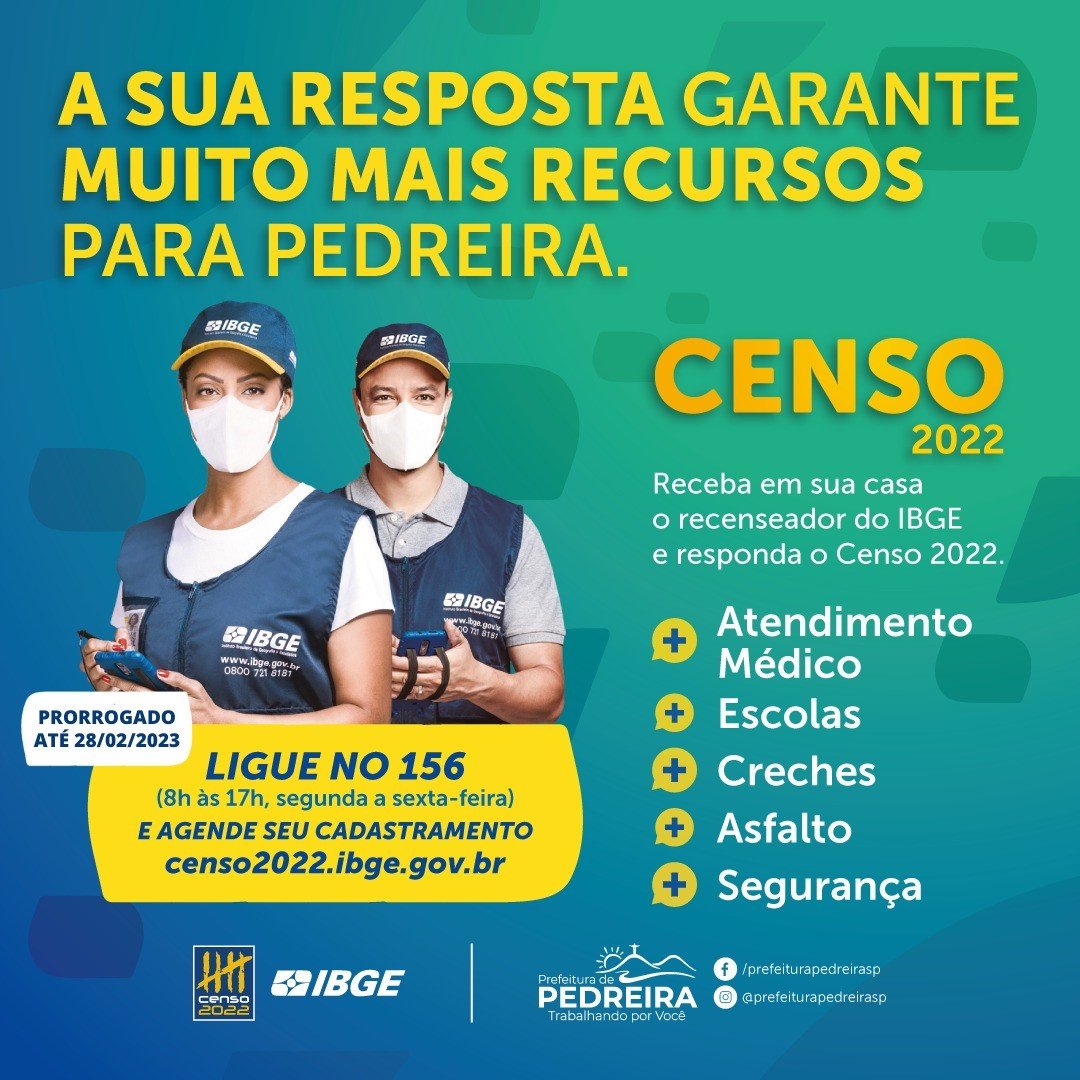Censo 2022 em Pedreira será realizado até o dia 28 de fevereiro