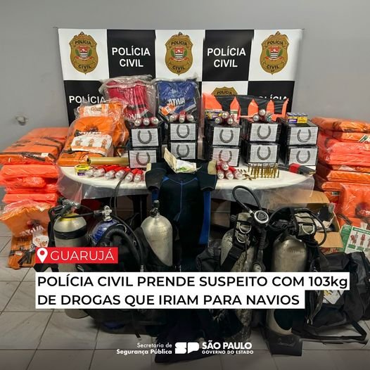 A Polícia Civil de São Paulo prendeu um suspeito de atuar como “mergulhador” para o tráfico internacional de drogas, em Guarujá.