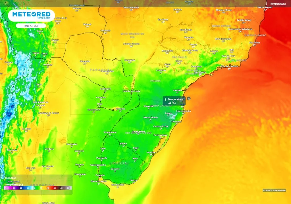 Nova e intensa massa de ar polar vai proporcionar um início de semana extremamente frio no Sul e no Sudeste do Brasil