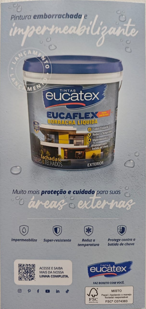 Eucatex Eucaflex – Borracha Líquida: Uma Proteção Completa para Áreas Externas .A Eucatex Eucaflex – Borracha Líquida é uma pintura emborrachada com alta performance, especialmente desenvolvida para proteger e embelezar suas áreas externas. Principais Benefícios: