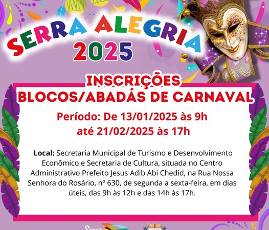 PREFEITURA DE SERRA NEGRA ABRE CREDENCIAMENTO PARA BLOCOS E ABADÁS DO SERRA ALEGRIA 2025