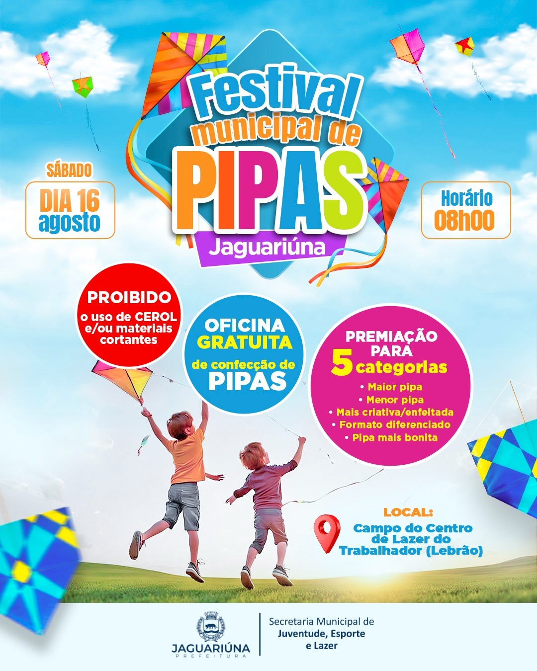 FESTIVAL MUNICIPAL DE PIPAS TERÁ PREMIAÇÃO EM CINCO CATEGORIAS