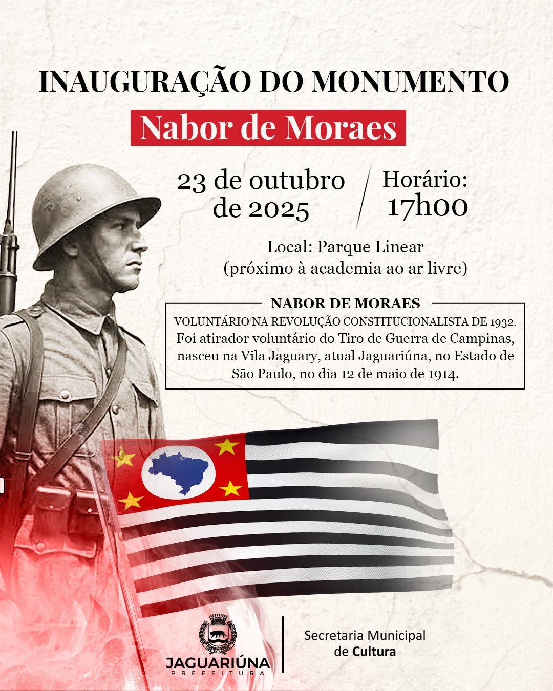 JAGUARIÚNA INAUGURA HOJE MONUMENTO A EX-COMBATENTE DA REVOLUÇÃO DE 1932