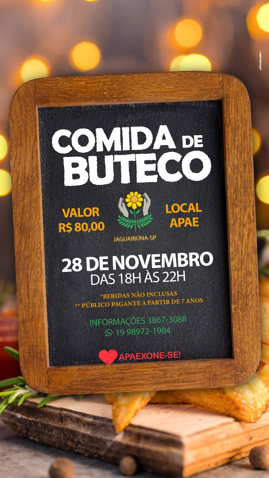 APAE DE JAGUARIÚNA TERÁ ‘COMIDA DE BUTECO’ NO PRÓXIMO DIA 28