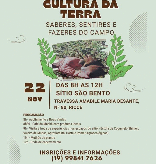 Para celebrar o Dia da Consciência Ambiental, será realizado em Pedreira, o 1º Workshop Cultura da Terra