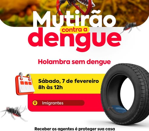 HOLAMBRA – MUTIRÃO CONTRA A DENGUE CHEGA AO BAIRRO IMIGRANTES NESTE SÁBADOAmanhã, dia 7 de fevereiro, o bairro Imigrantes recebe uma importante ação de cuidado com a saúde: o mutirão de combate à dengue. Das 8h ao meio-dia, equipes do Departamento Municipal de Saúde estarão nas ruas para conversar com os moradores, orientar, tirar dúvidas e ajudar a eliminar possíveis focos do mosquito transmissor da doença. A visita dos agentes é uma oportunidade para olhar com atenção quintais, calhas, ralos, vasos de plantas e outros locais que, muitas vezes sem perceber, podem acumular água parada. Pequenas atitudes fazem diferença e ajudam a proteger não só a própria casa, mas todo o bairro. Os profissionais estarão uniformizados e identificados, passando de casa em casa com informações importantes e apoio direto à população. A participação dos moradores é fundamental para que o trabalho tenha resultado e para que Holambra siga avançando na prevenção da dengue. Receba os agentes, acompanhe as orientações e reserve alguns minutos para cuidar do seu espaço. Combater a dengue é um trabalho coletivo e começa dentro de casa!