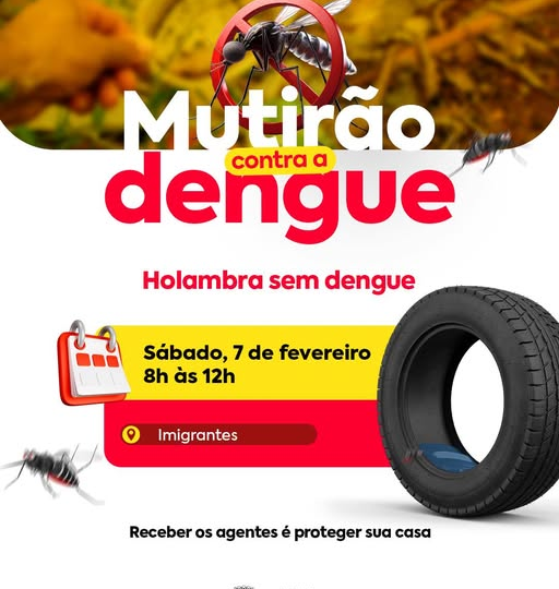 HOLAMBRA – MUTIRÃO CONTRA A DENGUE CHEGA AO BAIRRO IMIGRANTES NESTE SÁBADOAmanhã, dia 7 de fevereiro, o bairro Imigrantes recebe uma importante ação de cuidado com a saúde: o mutirão de combate à dengue. Das 8h ao meio-dia, equipes do Departamento Municipal de Saúde estarão nas ruas para conversar com os moradores, orientar, tirar dúvidas e ajudar a eliminar possíveis focos do mosquito transmissor da doença. A visita dos agentes é uma oportunidade para olhar com atenção quintais, calhas, ralos, vasos de plantas e outros locais que, muitas vezes sem perceber, podem acumular água parada. Pequenas atitudes fazem diferença e ajudam a proteger não só a própria casa, mas todo o bairro. Os profissionais estarão uniformizados e identificados, passando de casa em casa com informações importantes e apoio direto à população. A participação dos moradores é fundamental para que o trabalho tenha resultado e para que Holambra siga avançando na prevenção da dengue. Receba os agentes, acompanhe as orientações e reserve alguns minutos para cuidar do seu espaço. Combater a dengue é um trabalho coletivo e começa dentro de casa!