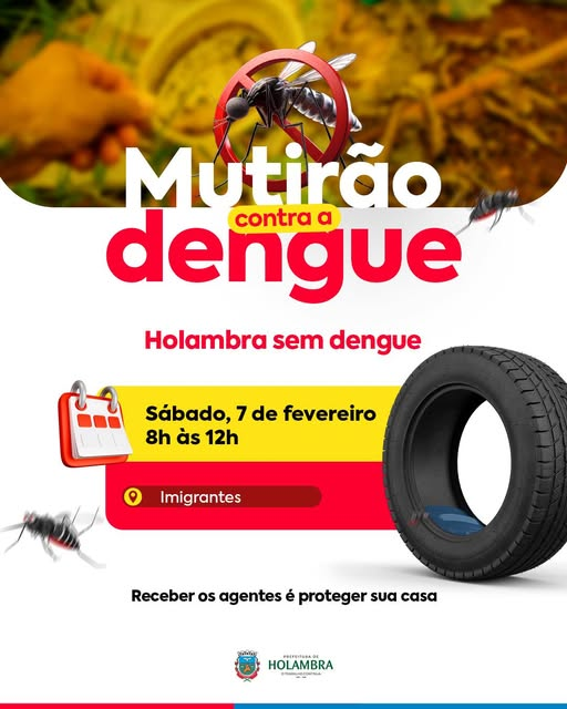 HOLAMBRA – MUTIRÃO CONTRA A DENGUE CHEGA AO BAIRRO IMIGRANTES NESTE SÁBADOAmanhã, dia 7 de fevereiro, o bairro Imigrantes recebe uma importante ação de cuidado com a saúde: o mutirão de combate à dengue. Das 8h ao meio-dia, equipes do Departamento Municipal de Saúde estarão nas ruas para conversar com os moradores, orientar, tirar dúvidas e ajudar a eliminar possíveis focos do mosquito transmissor da doença. A visita dos agentes é uma oportunidade para olhar com atenção quintais, calhas, ralos, vasos de plantas e outros locais que, muitas vezes sem perceber, podem acumular água parada. Pequenas atitudes fazem diferença e ajudam a proteger não só a própria casa, mas todo o bairro. Os profissionais estarão uniformizados e identificados, passando de casa em casa com informações importantes e apoio direto à população. A participação dos moradores é fundamental para que o trabalho tenha resultado e para que Holambra siga avançando na prevenção da dengue. Receba os agentes, acompanhe as orientações e reserve alguns minutos para cuidar do seu espaço. Combater a dengue é um trabalho coletivo e começa dentro de casa!