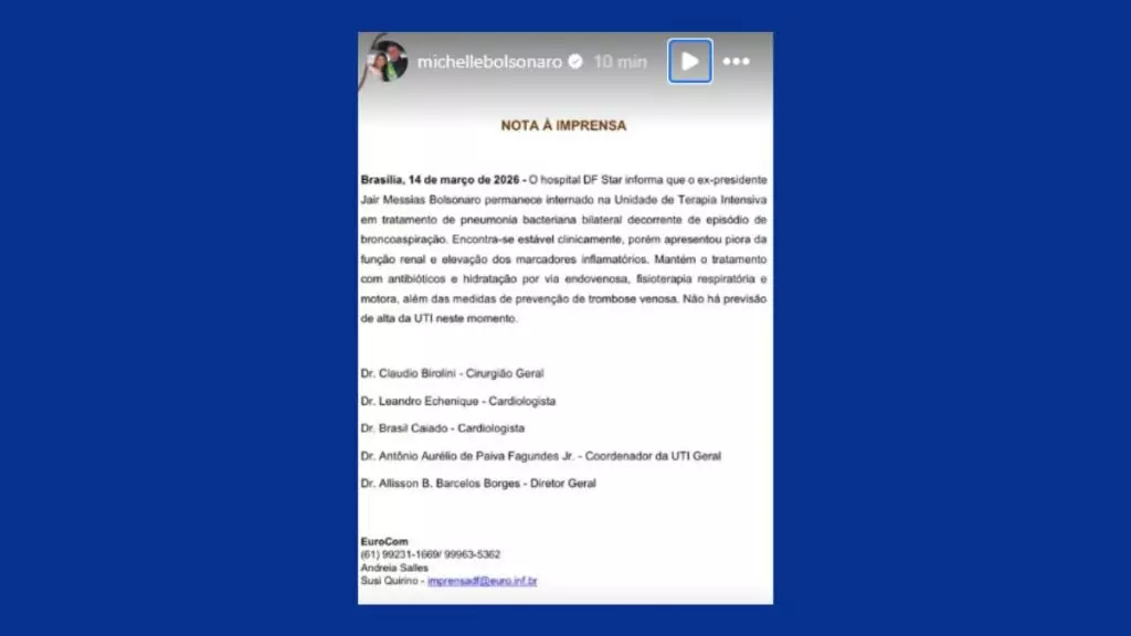 Bolsonaro apresenta piora na função renal e segue internado em UTI de Brasília