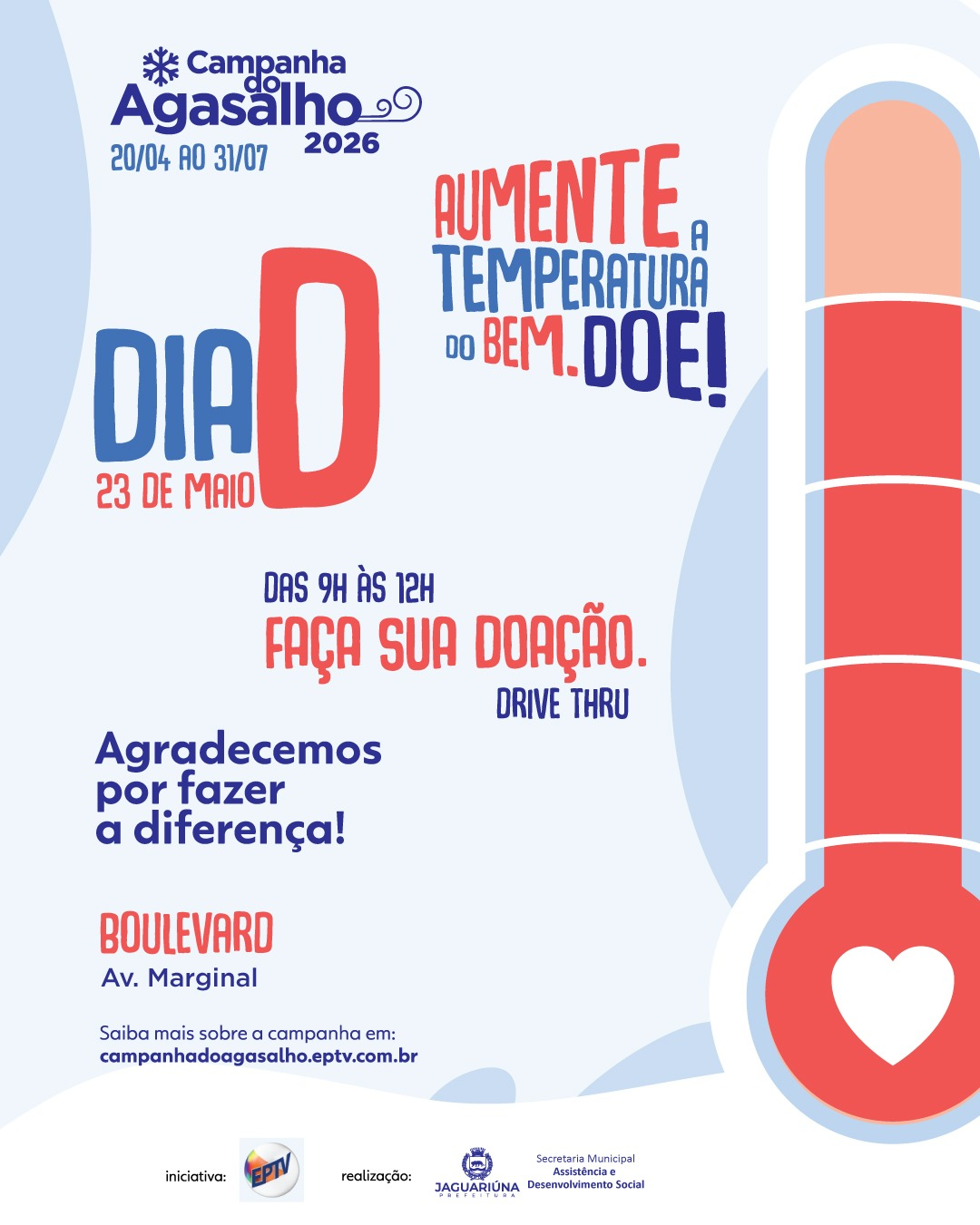 CAMPANHA DO AGASALHO DE JAGUARIÚNA TERÁ DRIVE-THRU SOLIDÁRIO NO DIA 23 DE MAIO