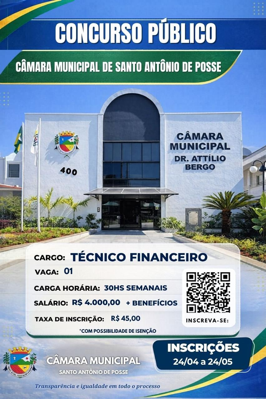 Câmara de Santo Antônio de Posse abre concurso público para Técnico Financeiro