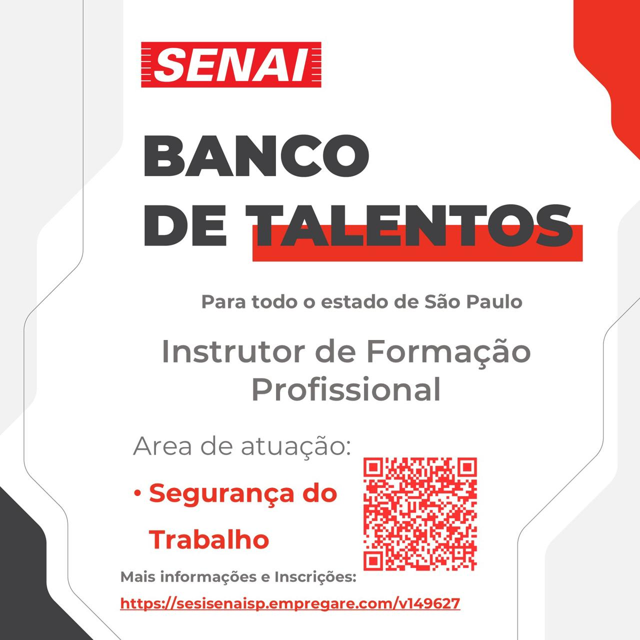 🚨 BANCO DE TALENTOS – INSTRUTOR DE FORMAÇÃO PROFISSIONAL II📍 Área: Segurança do Trabalho (Modalidade: Horista)🏫 SENAI Jaguariúna