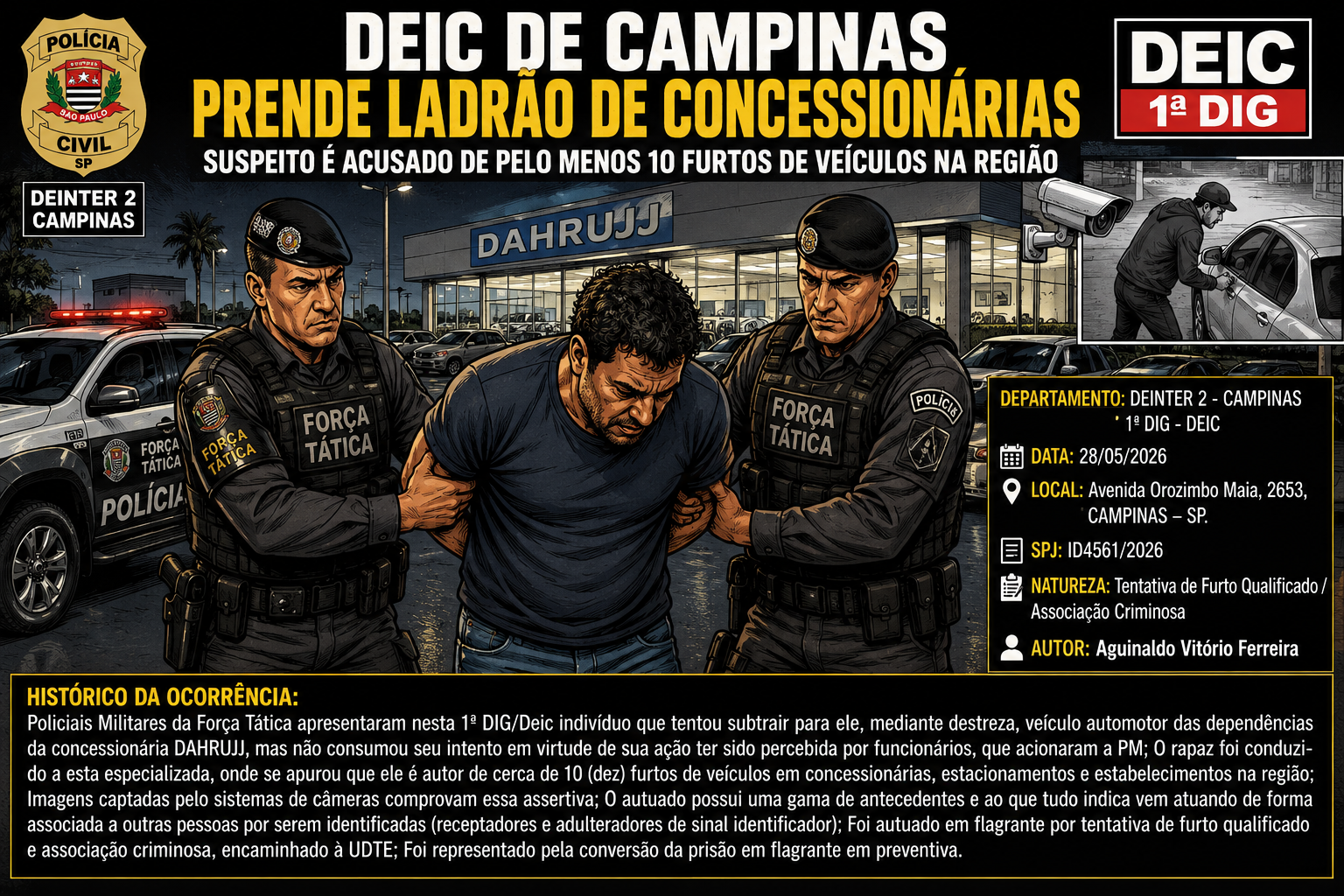 DEIC DE CAMPINAS PRENDE SUSPEITO DE SÉRIE DE FURTOS EM CONCESSIONÁRIAS