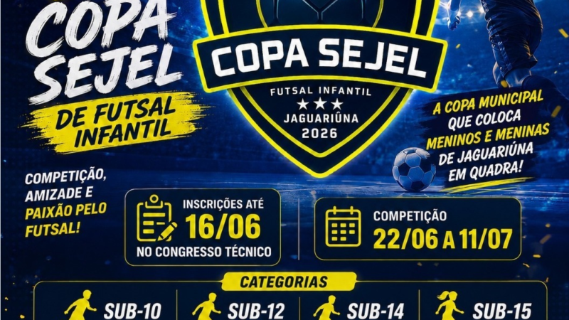 PREFEITURA DE JAGUARIÚNA ABRE INSCRIÇÕES PARA A 2ª COPA SEJEL DE FUTSAL INFANTIL