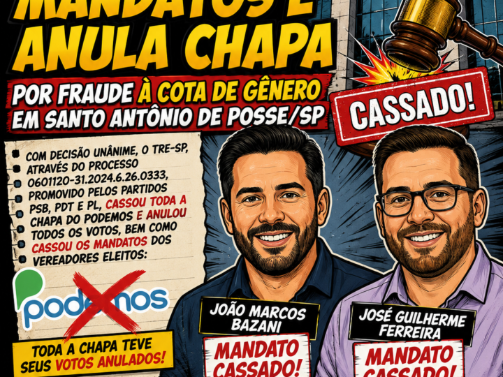 Tribunal Regional Eleitoral cassa mandato de vereadores e anula chapa do Podemos por fraude à cota de gênero em Santo Antônio de Posse/SP.
