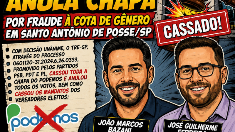 Tribunal Regional Eleitoral cassa mandato de vereadores e anula chapa do Podemos por fraude à cota de gênero em Santo Antônio de Posse/SP.