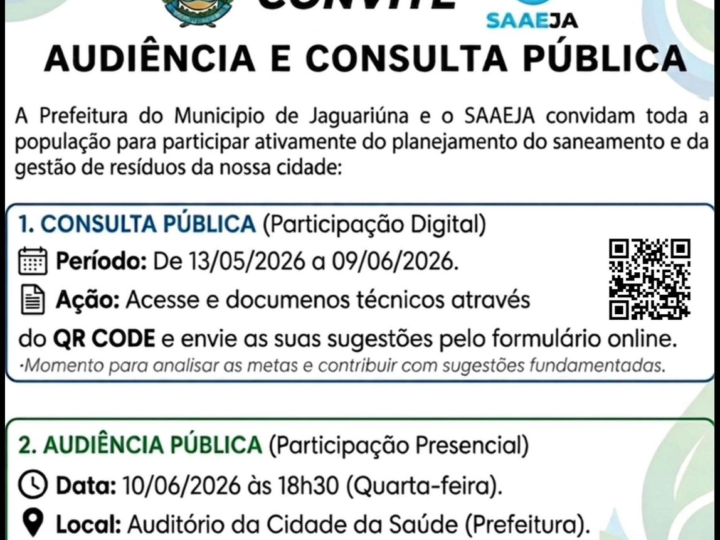 JAGUARIÚNA REALIZA CONSULTA E AUDIÊNCIA PÚBLICA SOBRE SANEAMENTO E GESTÃO DE RESÍDUOS