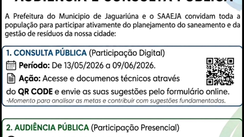 JAGUARIÚNA REALIZA CONSULTA E AUDIÊNCIA PÚBLICA SOBRE SANEAMENTO E GESTÃO DE RESÍDUOS