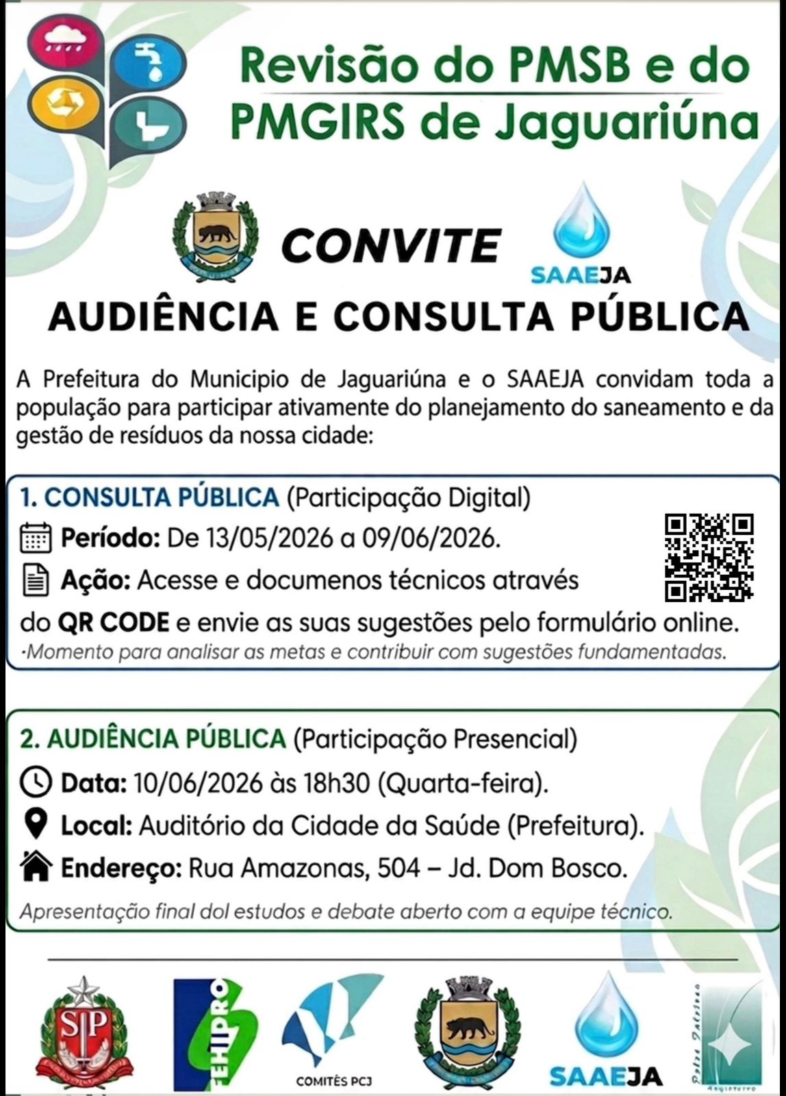 JAGUARIÚNA REALIZA CONSULTA E AUDIÊNCIA PÚBLICA SOBRE SANEAMENTO E GESTÃO DE RESÍDUOS