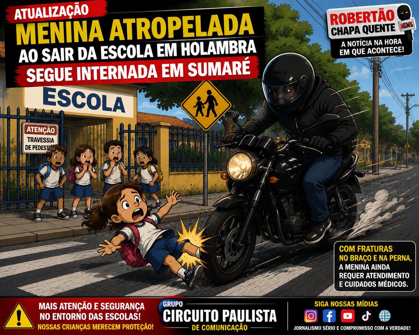 MENINA ATROPELADA AO SAIR DA ESCOLA EM HOLAMBRA SEGUE INTERNADA EM SUMARÉ