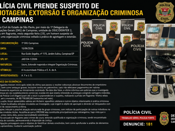 POLÍCIA CIVIL PRENDE SUSPEITO DE AGIOTAGEM, EXTORSÃO E ORGANIZAÇÃO CRIMINOSA EM CAMPINAS