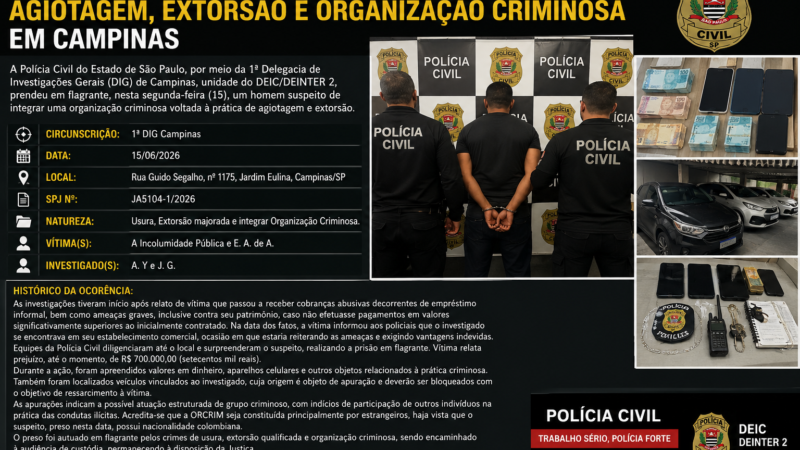 POLÍCIA CIVIL PRENDE SUSPEITO DE AGIOTAGEM, EXTORSÃO E ORGANIZAÇÃO CRIMINOSA EM CAMPINAS