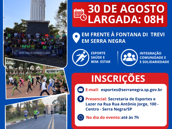 SERRA NEGRA – 6º Desafio do Morro do Cristo será realizado em 30 de agosto e une esporte, saúde e solidariedade em Serra Negra .A Prefeitura de Serra Negra, por meio da Secretaria Municipal de Esportes e Lazer, promove no próximo dia 30 de agosto (domingo) o 6º Desafio do Morro do Cristo, evento que já faz parte do calendário esportivo do município e reúne atletas, corredores e praticantes de atividade física em um percurso que desafia os participantes até um dos principais cartões-postais da cidade.