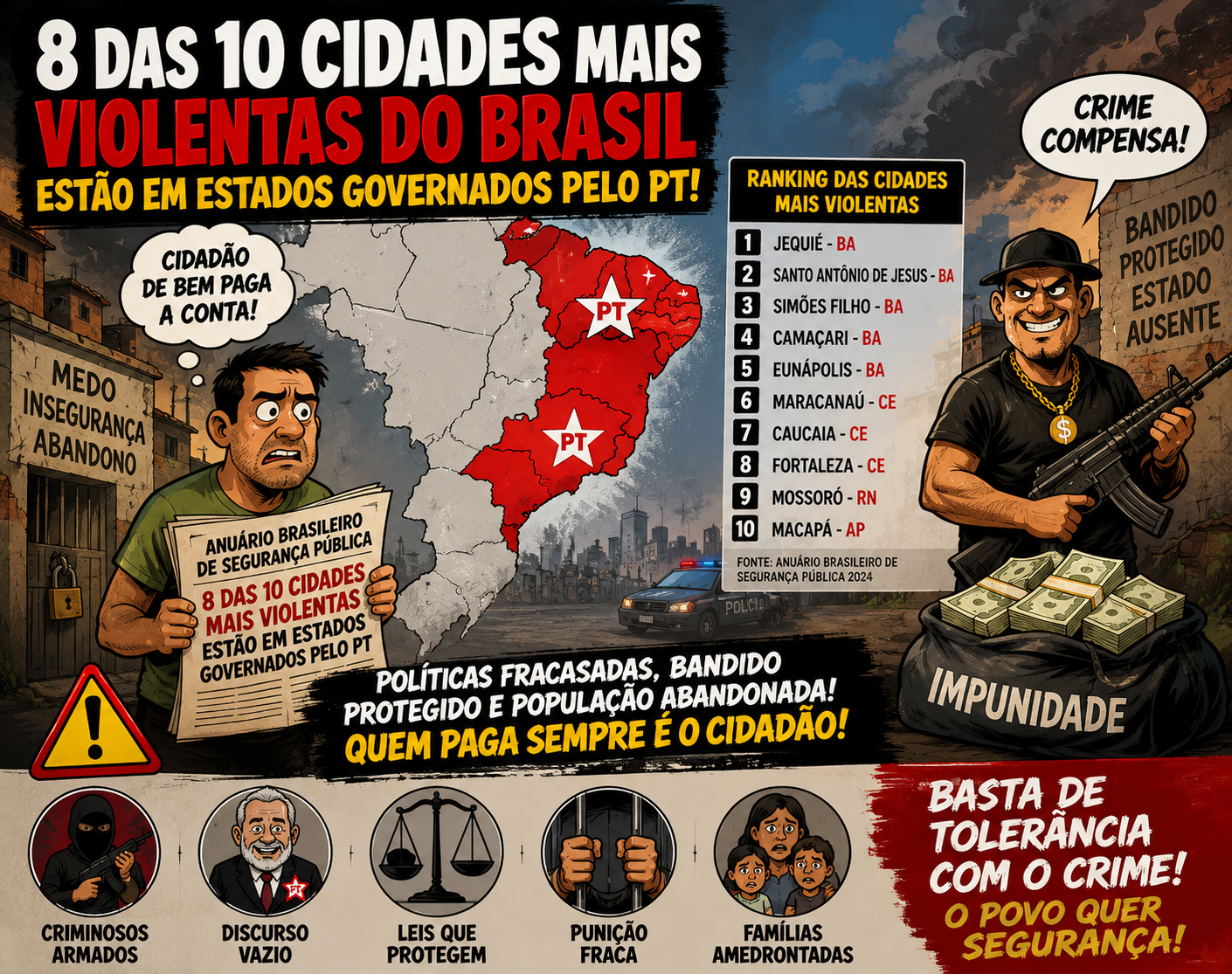 ANUÁRIO APONTA QUE OITO DAS DEZ CIDADES MAIS VIOLENTAS DO PAÍS ESTÃO EM ESTADOS GOVERNADOS PELO PT