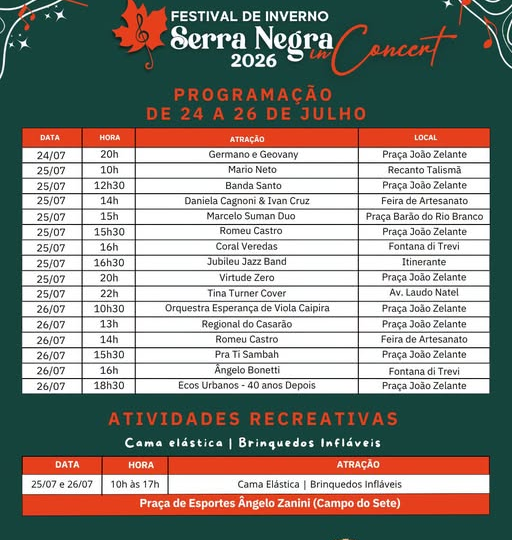 Chegou o último fim de semana do Festival de Inverno Serra Negra In Concert 2026!