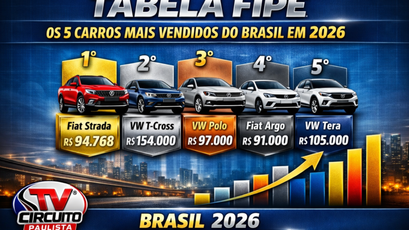 TABELA FIPE DOS 5 CARROS MAIS VENDIDOS DO BRASIL EM 2026