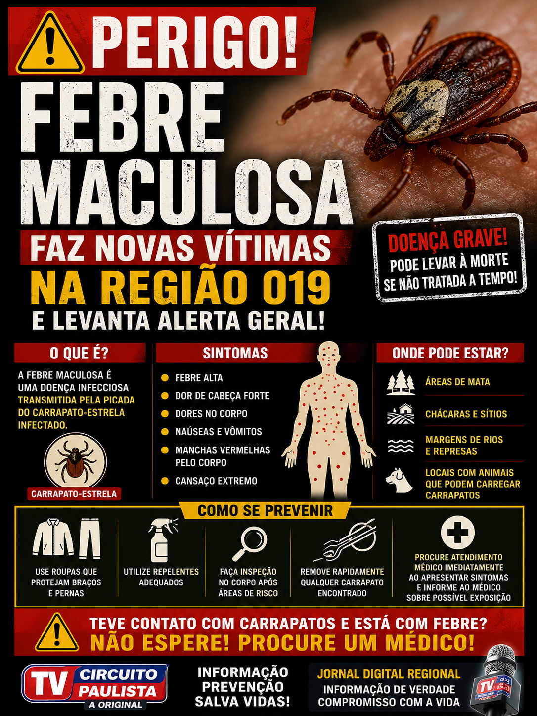 🚨 ALERTA NA REGIÃO 019: FEBRE MACULOSA VOLTA A ASSUSTAR E EXIGE ATENÇÃO MÁXIMA