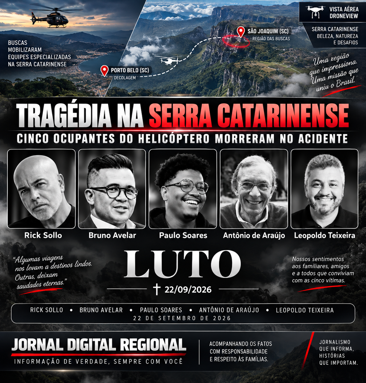 TRAGÉDIA NA SERRA CATARINENSE: CINCO OCUPANTES DE HELICÓPTERO MORREM EM ACIDENTE