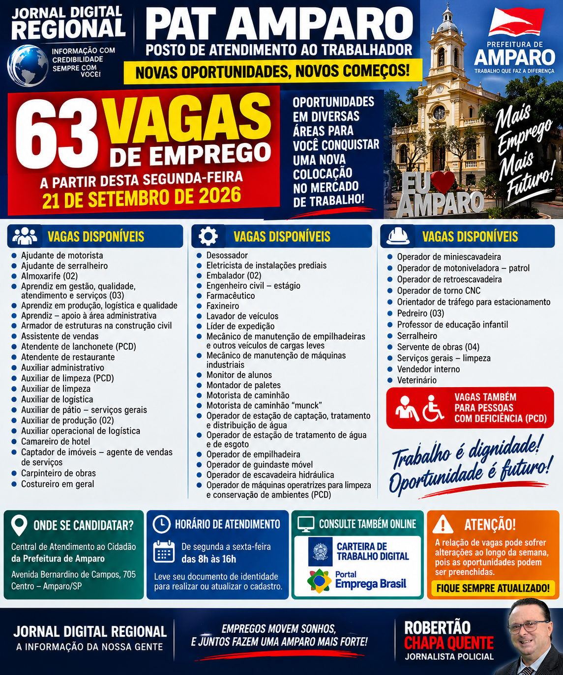 PAT DE AMPARO OFERECE 63 VAGAS DE EMPREGO A PARTIR DESTA SEGUNDA-FEIRA