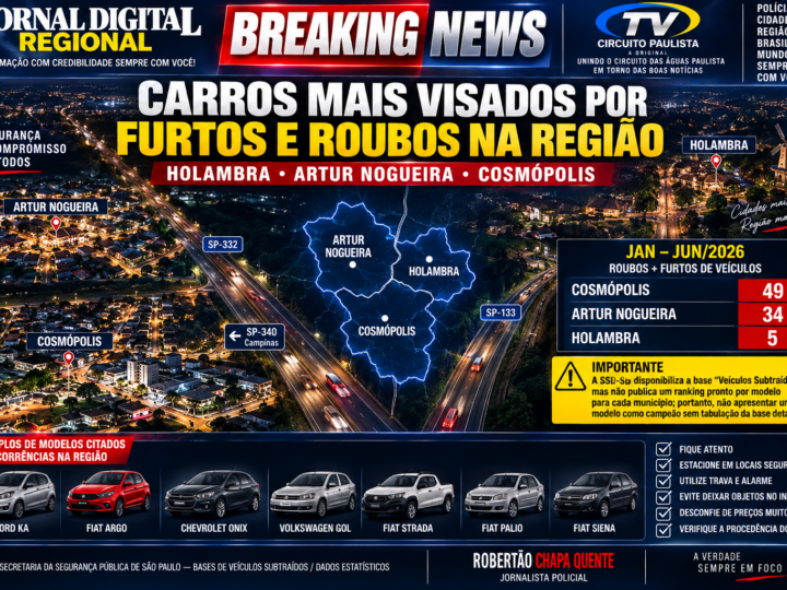 CARROS MAIS VISADOS POR FURTOS E ROUBOS EM HOLAMBRA, ARTUR NOGUEIRA E COSMÓPOLIS: O QUE MOSTRAM OS DADOS E AS OCORRÊNCIAS