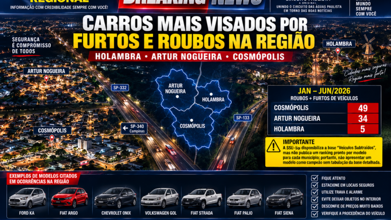 CARROS MAIS VISADOS POR FURTOS E ROUBOS EM HOLAMBRA, ARTUR NOGUEIRA E COSMÓPOLIS: O QUE MOSTRAM OS DADOS E AS OCORRÊNCIAS