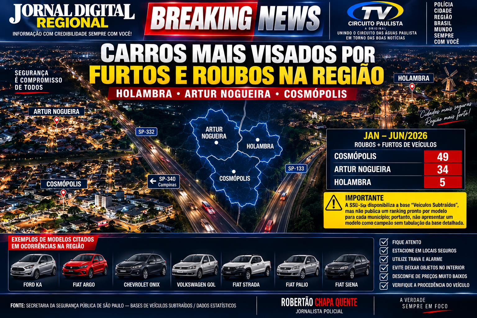 CARROS MAIS VISADOS POR FURTOS E ROUBOS EM HOLAMBRA, ARTUR NOGUEIRA E COSMÓPOLIS: O QUE MOSTRAM OS DADOS E AS OCORRÊNCIAS