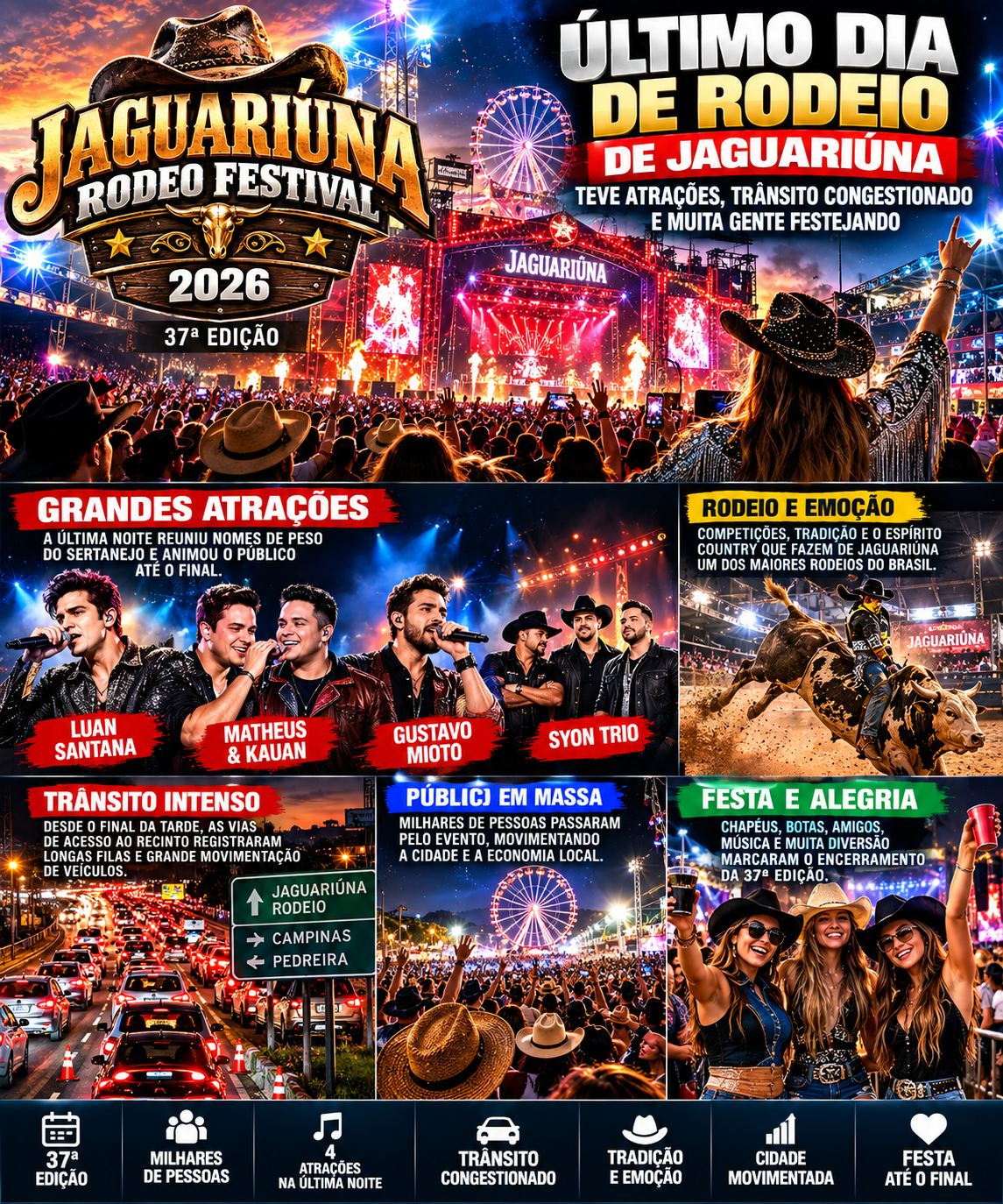 ÚLTIMA NOITE DO RODEIO DE JAGUARIÚNA REÚNE GRANDES ATRAÇÕES, TRÂNSITO INTENSO E UMA CIDADE TOMADA PELA FESTA