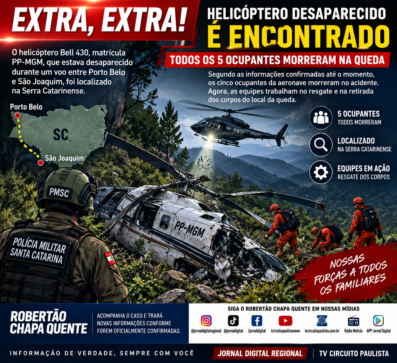 TODOS MORRERAM  – ATENÇÃO: AERONAVE DESAPARECIDA É LOCALIZADA NA SERRA CATARINENSE; CINCO OCUPANTES MORREM NA QUEDA