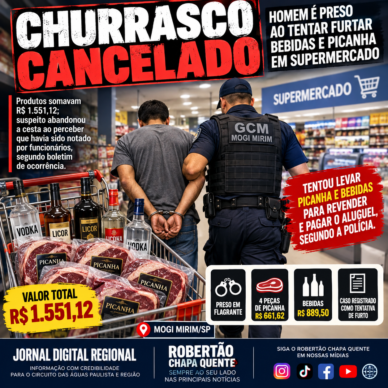 CHURRASCO CANCELADO: HOMEM É PRESO AO TENTAR FURTAR Picanha E BEBIDAS DE SUPERMERCADO