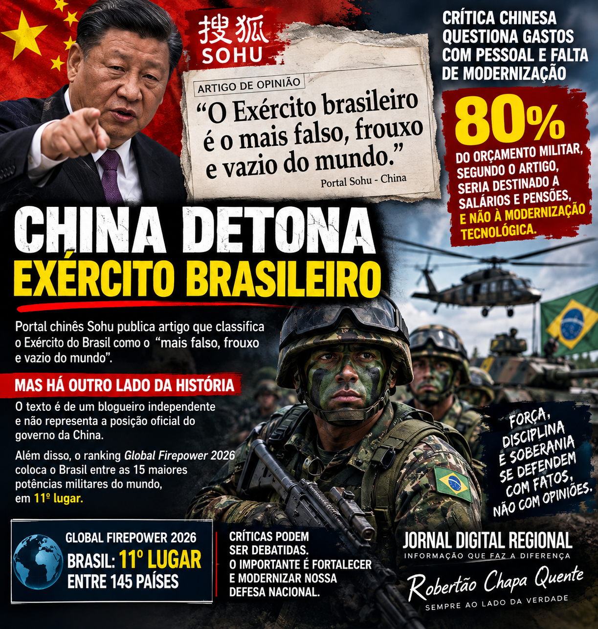 PORTAL CHINÊS VOLTA A CRITICAR O EXÉRCITO BRASILEIRO: “FALSO, FROUXO E VAZIO”