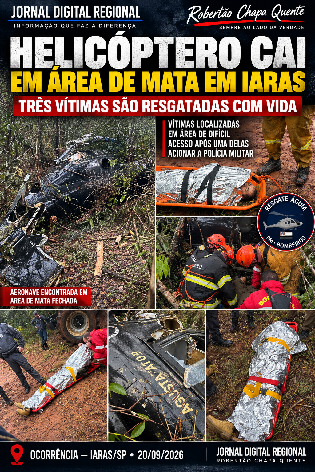 HELICÓPTERO CAI EM ÁREA DE MATA EM IARAS E TRÊS PESSOAS SÃO RESGATADAS COM VIDA