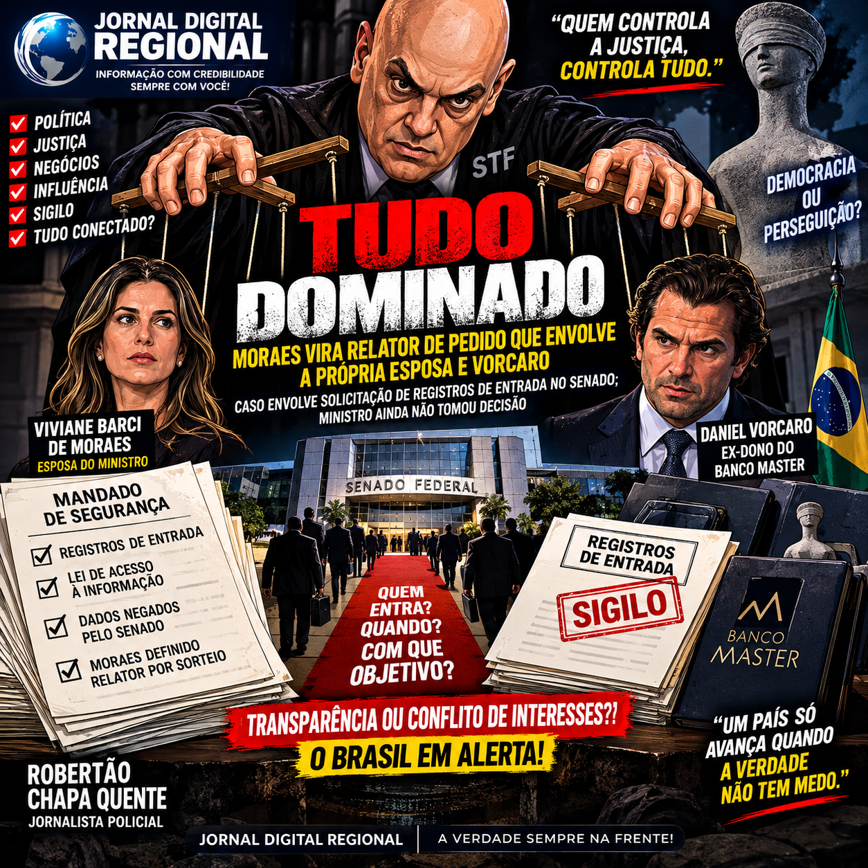 TUDO DOMINADO – MORAES VIRA RELATOR DE PEDIDO QUE ENVOLVE A PRÓPRIA ESPOSA E VORCAROCASO ENVOLVE SOLICITAÇÃO DE REGISTROS DE ENTRADA NO SENADO; MINISTRO AINDA NÃO TOMOU DECISÃO