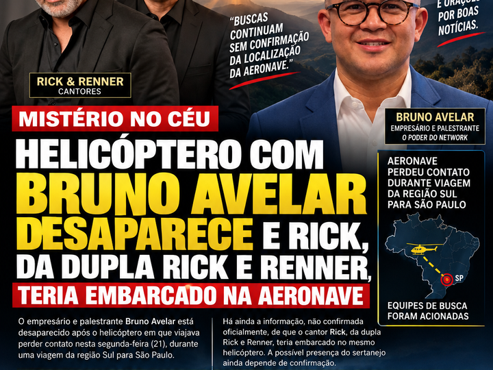 HELICÓPTERO PERDE CONTATO DURANTE VIAGEM PARA SÃO PAULO E EMPRESÁRIO BRUNO AVELAR ESTÁ DESAPARECIDO
