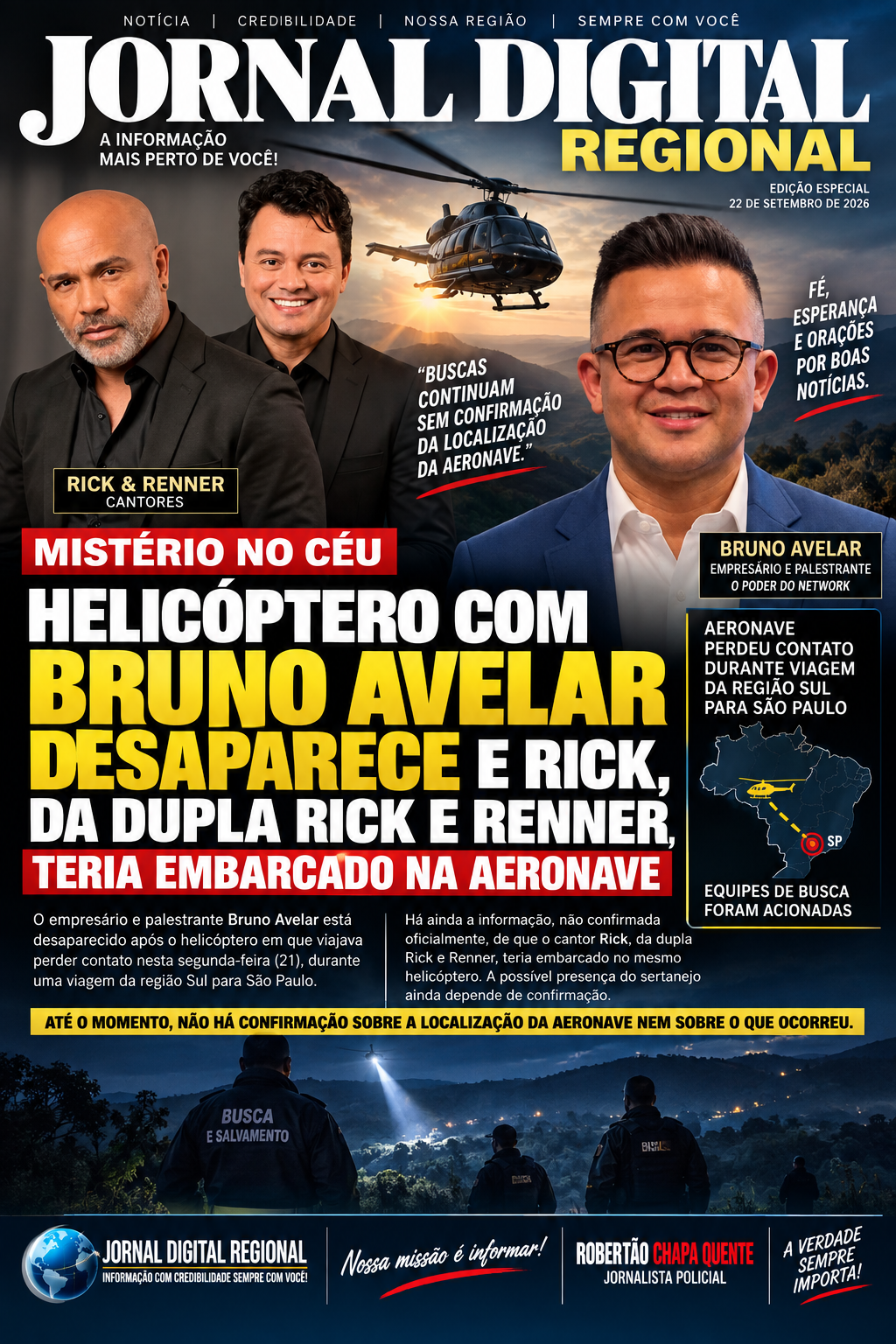 HELICÓPTERO PERDE CONTATO DURANTE VIAGEM PARA SÃO PAULO E EMPRESÁRIO BRUNO AVELAR ESTÁ DESAPARECIDO