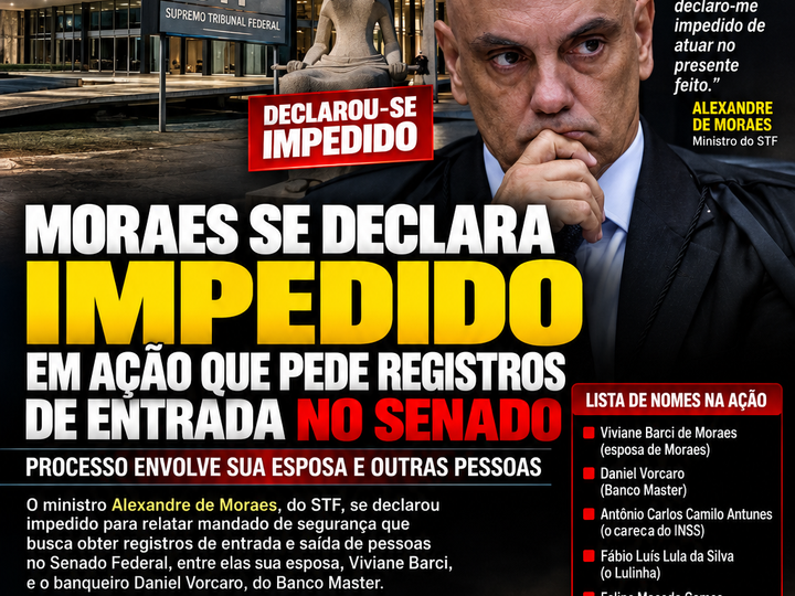 MORAES SE DECLARA IMPEDIDO EM PROCESSO QUE PEDE REGISTROS DE ENTRADA NO SENADO