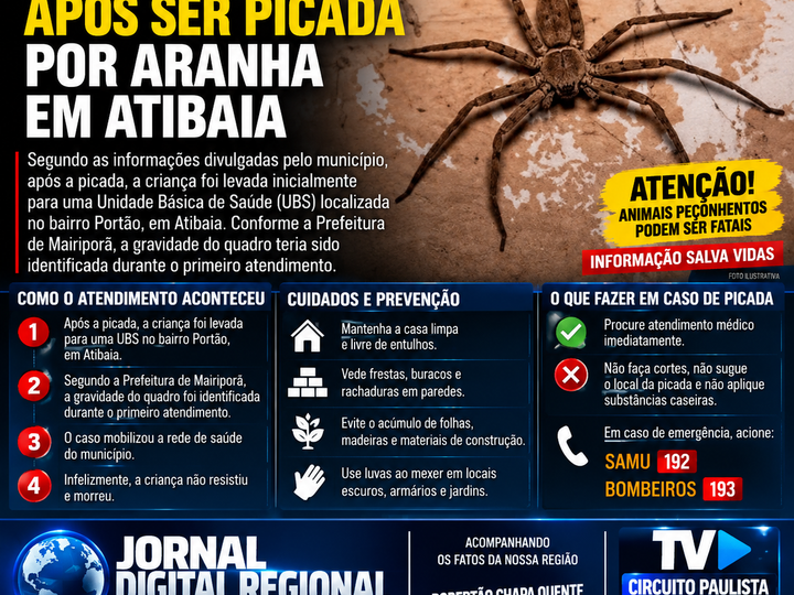 CRIANÇA MORRE APÓS SER PICADA POR ARANHA EM ATIBAIA