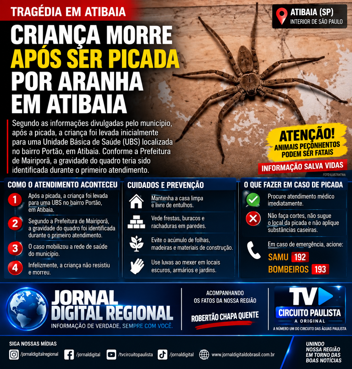 CRIANÇA MORRE APÓS SER PICADA POR ARANHA EM ATIBAIA