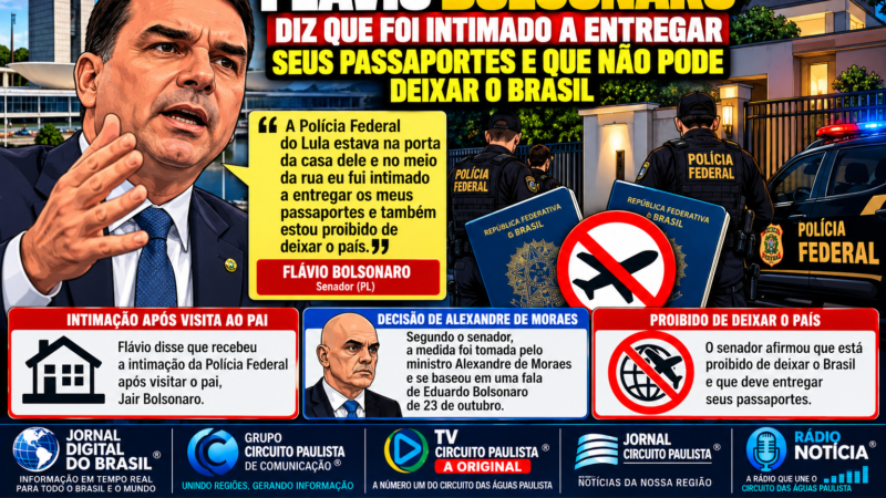 FLÁVIO BOLSONARO DIZ QUE FOI INTIMADO A ENTREGAR PASSAPORTES E QUE NÃO PODE DEIXAR O BRASIL