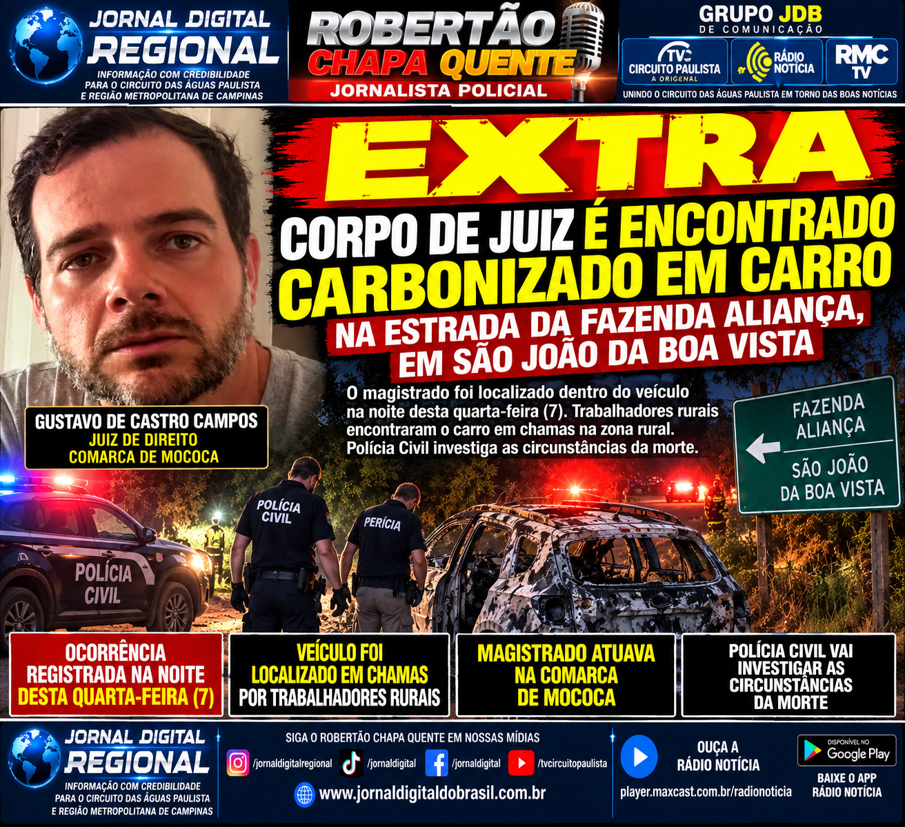 🚨 EXTRA: JUIZ DO TJSP É ENCONTRADO MORTO EM CARRO INCENDIADO NA ZONA RURAL DE SÃO JOÃO DA BOA VISTA